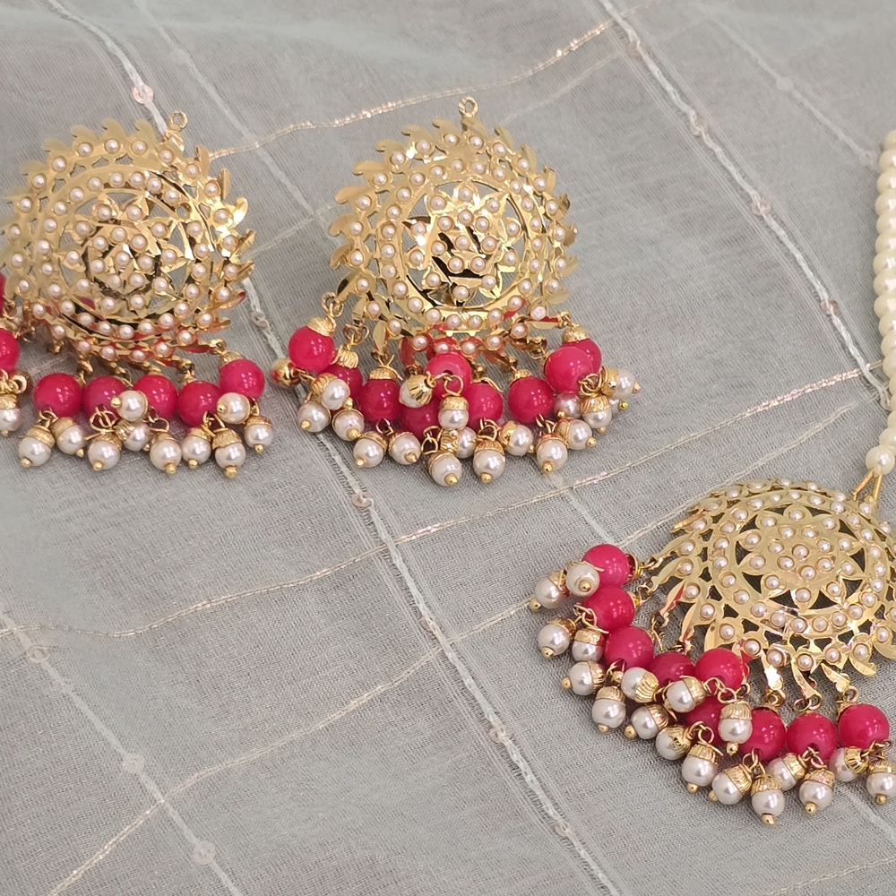 Gold and Pink Ornate Earrings with Tikka